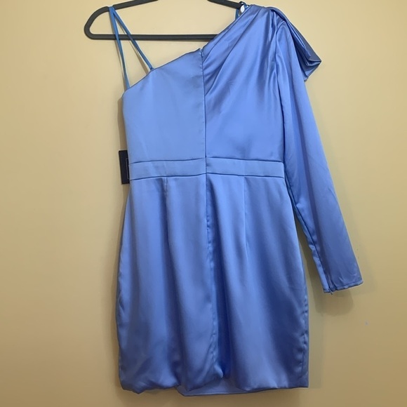 Ieena for MacDuggal NWT 1 Shoulder Long Sleeve Satin Cocktail Dress 8 FLAWS - Picture 11 of 11